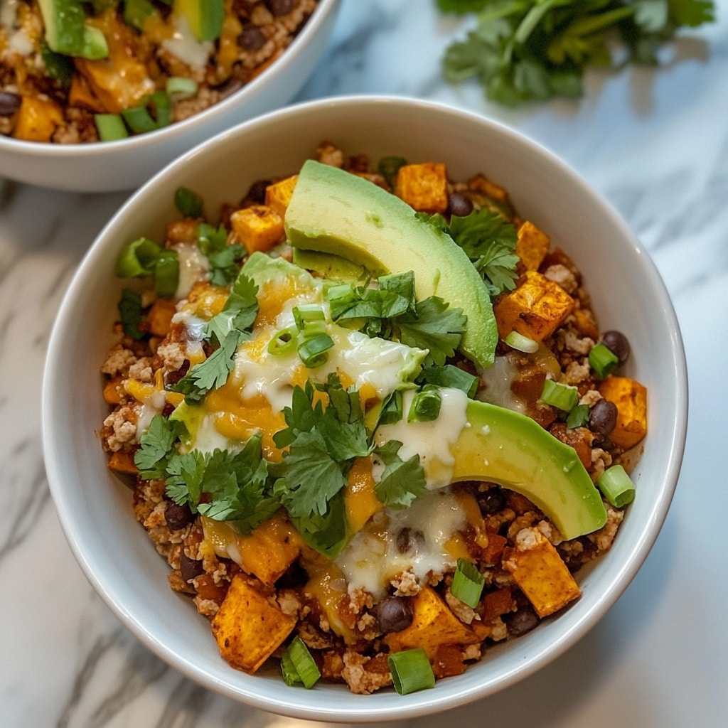Sweet Potato Turkey Taco Bowls: Flavor-Packed & Family-Friendly sweet potato turkey taco bowls Sweet potato turkey taco bowls topped with avocado, green onions, and melted cheese in white bowls