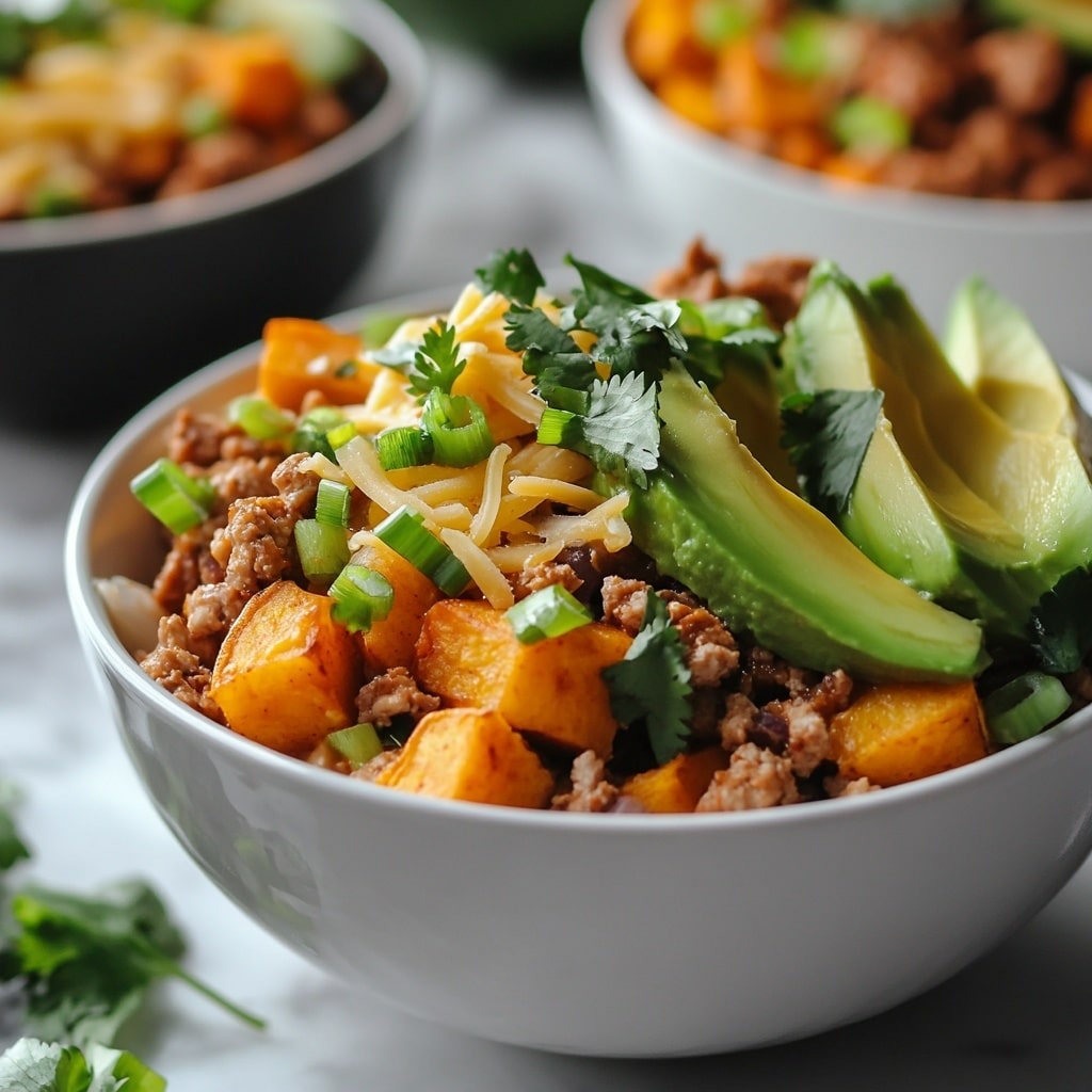 Sweet Potato Turkey Taco Bowls: Flavor-Packed & Family-Friendly sweet potato turkey taco bowls Close-up of served sweet potato turkey taco bowls with avocado, herbs, and cheese