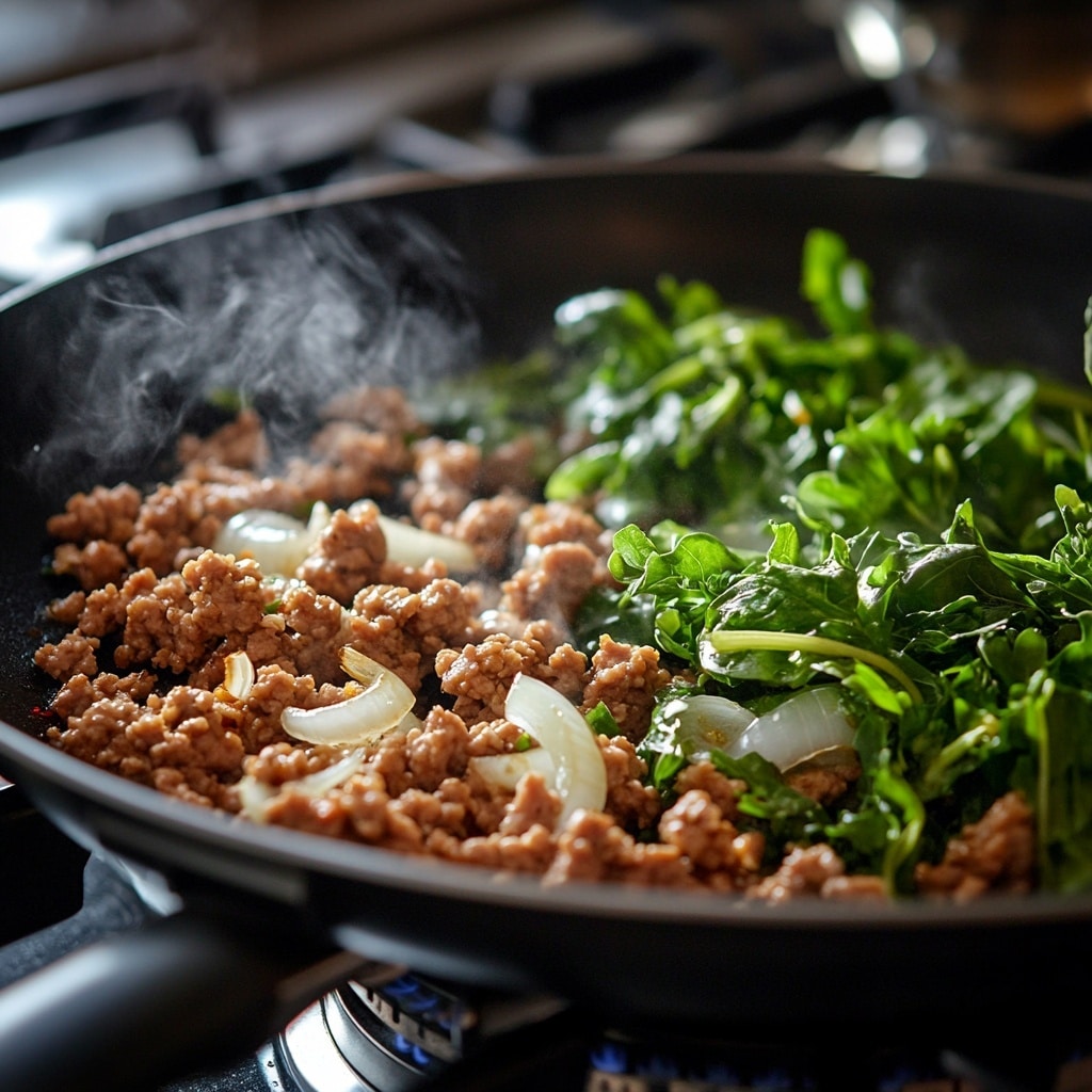Sweet Potato Turkey Taco Bowls: Flavor-Packed & Family-Friendly sweet potato turkey taco bowls Ground turkey cooking in a skillet with chopped onions and spinach for sweet potato taco bowls