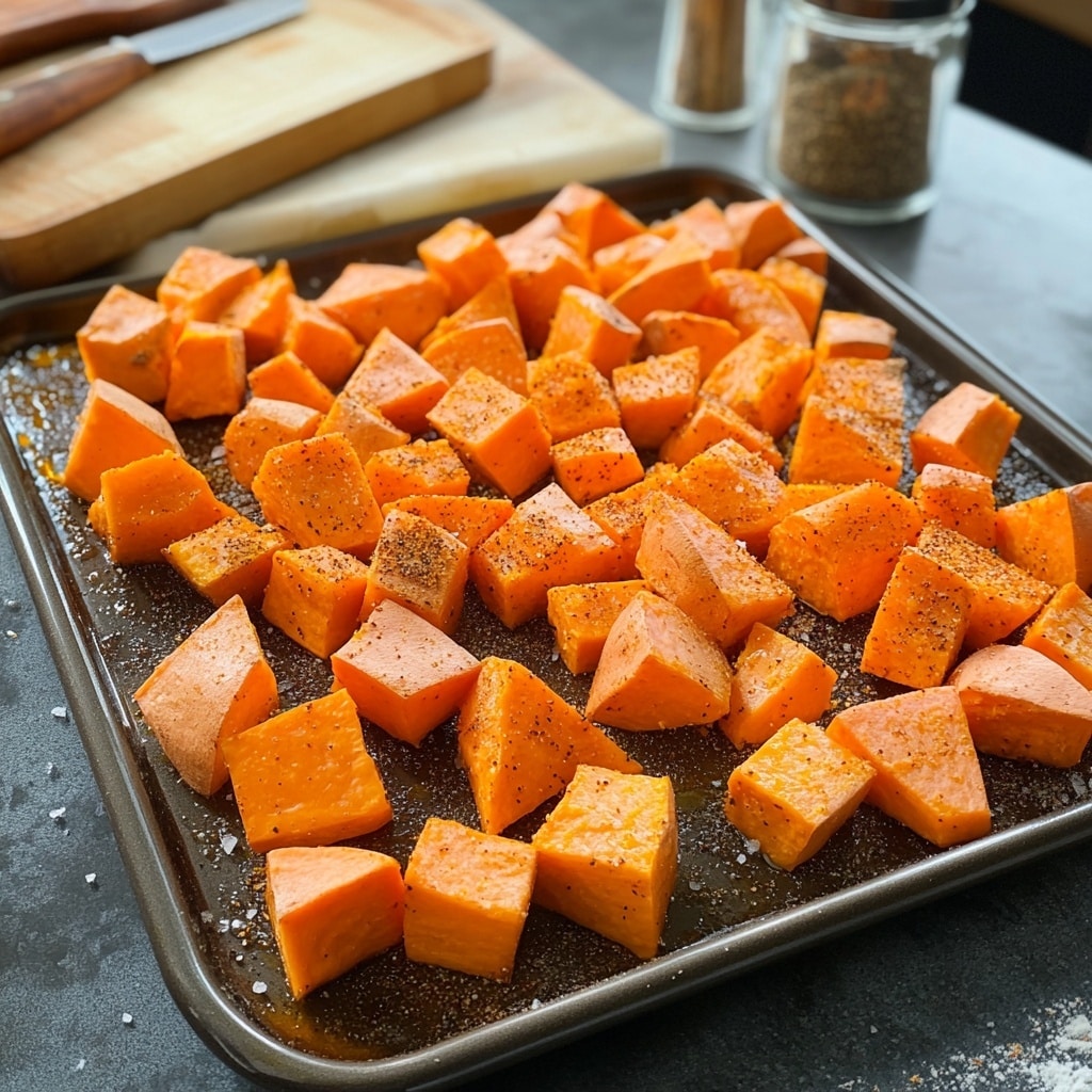 Sweet Potato Turkey Taco Bowls: Flavor-Packed & Family-Friendly sweet potato turkey taco bowls Cubed sweet potatoes on a baking sheet seasoned with oil and spices for sweet potato turkey taco bowls