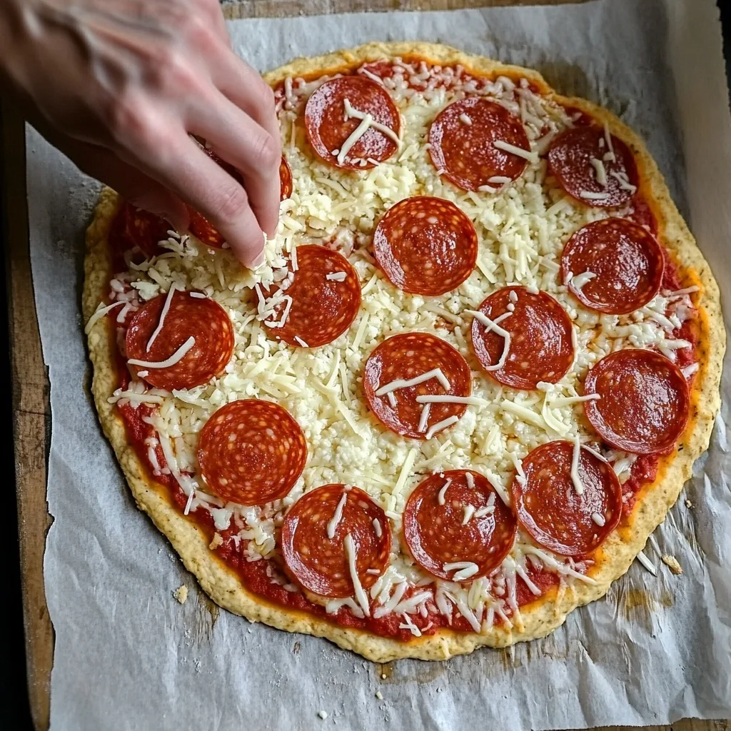 Cottage Cheese Pizza Crust Protein: High-Protein, Healthy & Delicious Alternative cottage cheese pizza crust protein Placing pepperoni slices on cottage cheese pizza crust protein before baking