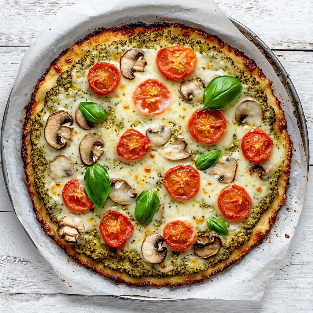 Broccoli Cottage Cheese Pizza Crust: High-Protein Gluten-Free Delight broccoli cottage cheese pizza crust Freshly baked broccoli cottage cheese pizza crust topped with mozzarella, tomatoes, mushrooms, and basil on a pizza tray.