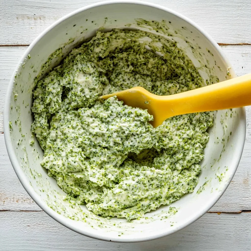 Broccoli Cottage Cheese Pizza Crust: High-Protein Gluten-Free Delight broccoli cottage cheese pizza crust Fully mixed broccoli cottage cheese pizza crust dough with cheese and seasonings in a white bowl with a yellow spatula.