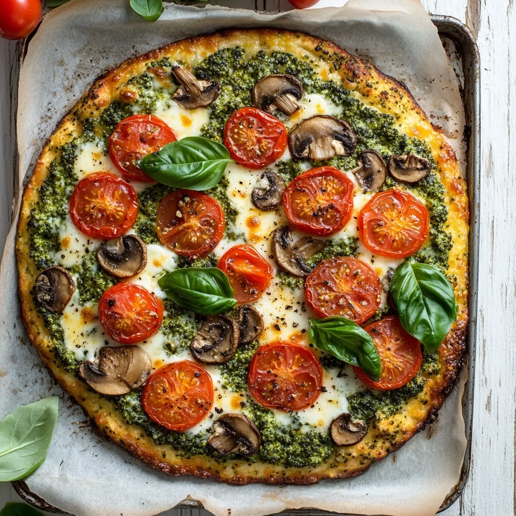 Broccoli Cottage Cheese Pizza Crust: High-Protein Gluten-Free Delight broccoli cottage cheese pizza crust Gluten-free broccoli cottage cheese pizza crust topped with melted mozzarella, cherry tomatoes, mushrooms, and fresh basil.