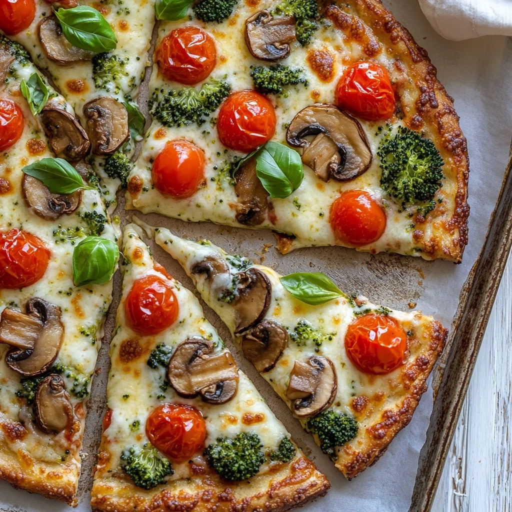 Broccoli Cottage Cheese Pizza Crust: High-Protein Gluten-Free Delight broccoli cottage cheese pizza crust A slice of broccoli cottage cheese pizza crust being lifted with a stretchy mozzarella cheese pull, topped with tomatoes, mushrooms, and basil.
