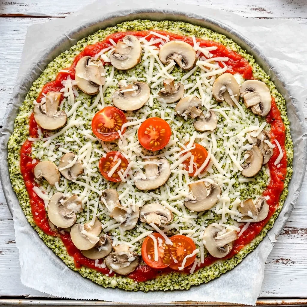 Broccoli Cottage Cheese Pizza Crust: High-Protein Gluten-Free Delight broccoli cottage cheese pizza crust Unbaked broccoli cottage cheese pizza crust topped with tomato sauce, shredded mozzarella, mushrooms, and cherry tomatoes.