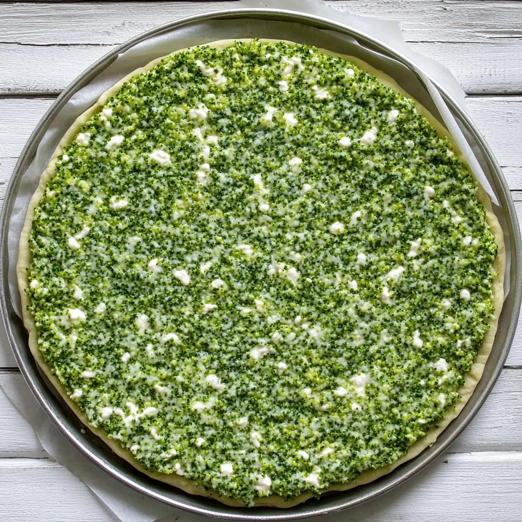 Broccoli Cottage Cheese Pizza Crust: High-Protein Gluten-Free Delight broccoli cottage cheese pizza crust Unbaked broccoli cottage cheese pizza crust shaped on a parchment-lined round pizza pan.