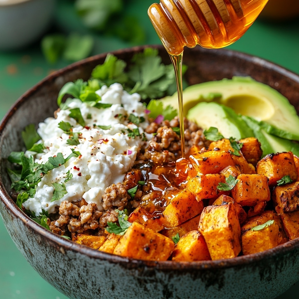 Sweet Potato Taco Bowl Hot Honey – Irresistibly Cozy & Gluten-Free Sweet Potato Taco Bowl Hot Honey Drizzling hot honey over sweet potato taco bowl with ground turkey and avocado
