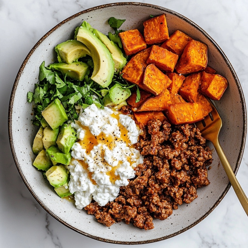 Taco Cottage Cheese Sweet Potato Bowl – Cozy High-Protein Dinner Idea taco cottage cheese sweet potato bowl Taco cottage cheese sweet potato bowl with roasted sweet potatoes, taco beef, avocado, and cottage cheese drizzled with hot honey