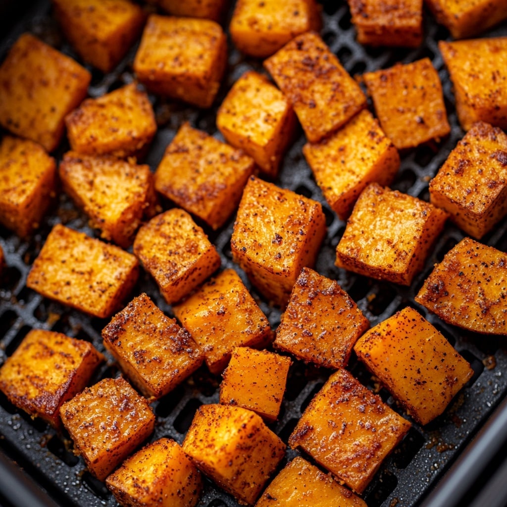 Taco Cottage Cheese Sweet Potato Bowl – Cozy High-Protein Dinner Idea taco cottage cheese sweet potato bowl Seasoned cubed sweet potatoes arranged in an air fryer basket ready for roasting for taco cottage cheese sweet potato bowl