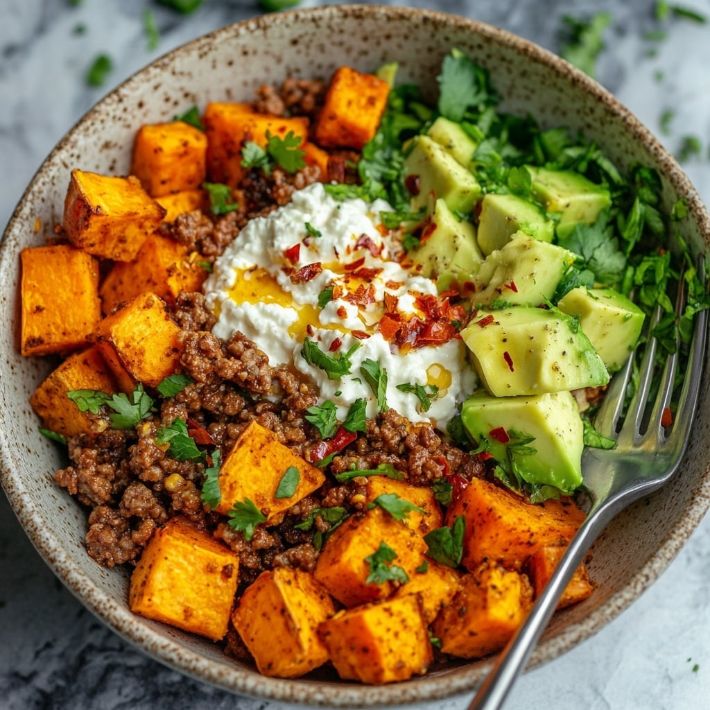 Taco Cottage Cheese Sweet Potato Bowl – Cozy High-Protein Dinner Idea taco cottage cheese sweet potato bowl Taco cottage cheese sweet potato bowl with roasted sweet potatoes, cottage cheese, avocado, and taco-seasoned beef