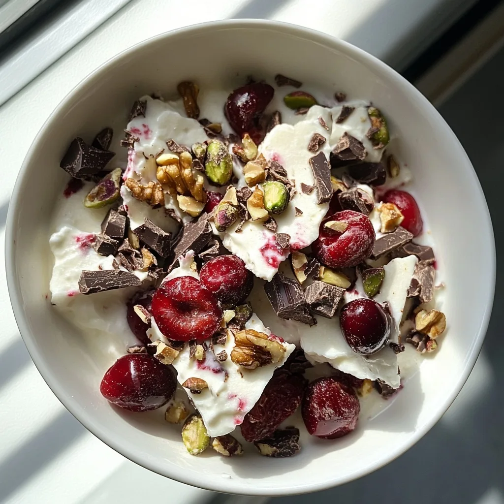 Cherry Pistachio Chocolate Yogurt Protein Bark – The Ultimate No-Bake High-Protein Frozen Dessert Cherry Pistachio Chocolate Yogurt Protein Bark bowl of cherry pistachio chocolate yogurt protein bark with cherries, walnuts, and chocolate chips