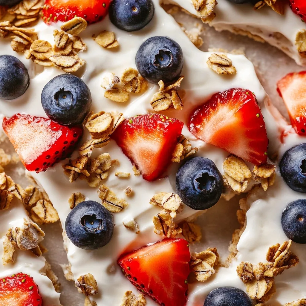 High Protein Greek Yogurt Bark: The Best Frozen Snack You’ll Love High Protein Greek Yogurt Bark Close-up of frozen high protein Greek yogurt bark topped with blueberries, granola, and strawberries