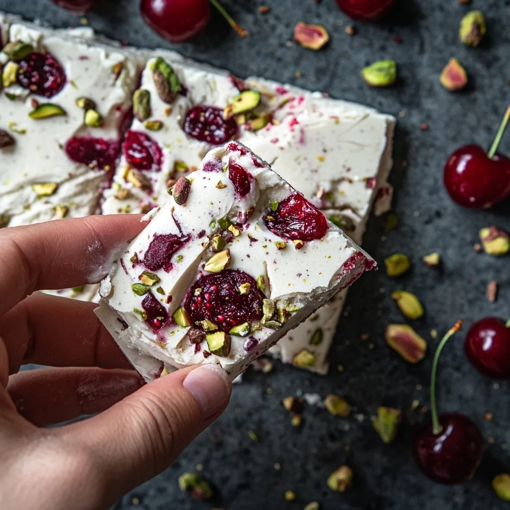 Cherry Pistachio Chocolate Yogurt Protein Bark – The Ultimate No-Bake High-Protein Frozen Dessert Cherry Pistachio Chocolate Yogurt Protein Bark hand holding cherry pistachio chocolate yogurt protein bark with cherries and nuts on dark background