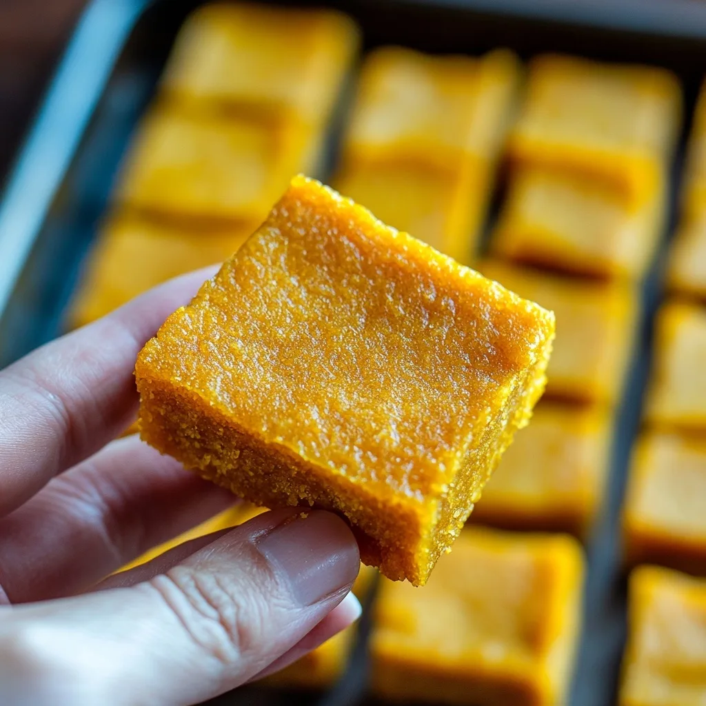 Pumpkin Butter Mochi Hawaii Recipe: The Cozy Gluten-Free Treat You Didn’t Know You Needed Pumpkin Butter Mochi Hawaii Recipe hand holding pumpkin butter mochi hawaii recipe square with soft chewy texture