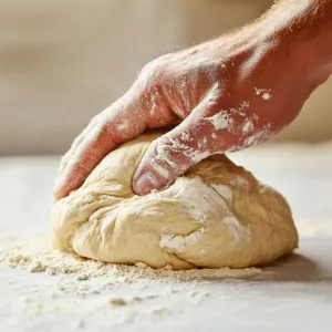 Super-Soft Tangzhong Burger Buns Tangzhong Burger Buns Kneading Tangzhong Burger Buns dough by hand on wooden surface