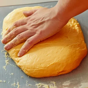 Tangzhong Pumpkin Bread: Fall-Inspired Comfort in Every Slice Tangzhong Pumpkin Bread Hand kneading tangzhong pumpkin bread dough on baking mat