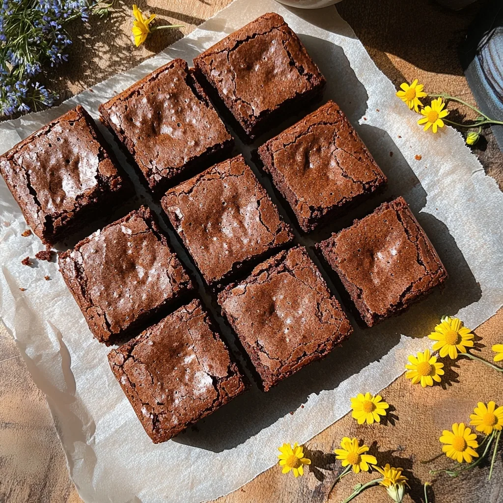 Tigernut Flour Brownies: Fudgy, Gluten-Free, and Family-Approved Tigernut Flour Brownies Freshly baked Tigernut Flour Brownies cut into squares on parchment paper with yellow wildflowers.