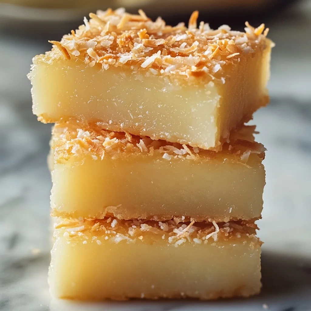 Butter Mochi Hawaii – The Chewy, Golden Treat Your Family Will Love Butter Mochi Hawaii Stacked butter mochi hawaii squares topped with toasted coconut on marble